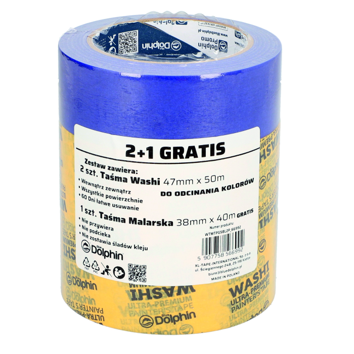 Washi Tape ORIGINAL 2x47mm x 50m + 1x38mm x 40m Malarska GRATIS
